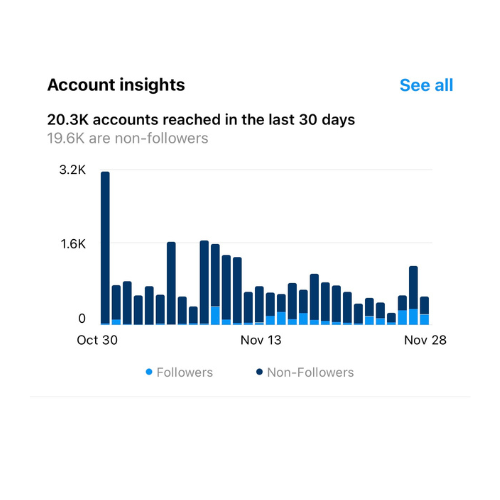 Instagram account insights showing 20.3 thousand accounts reached in a 30-day period