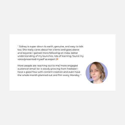Past client testimonial describing increased inquiries, a more engaged audience, and a content plan