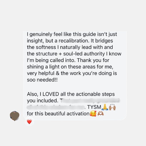 Client comment saying the guide helped bridge natural softness with structure and soul-led authority